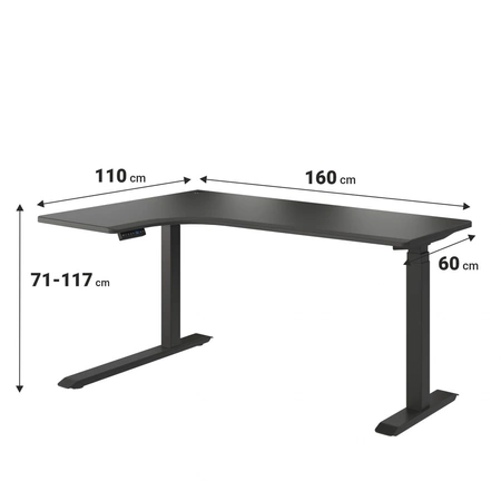 Biurko narożne z elektrycznie regulowanym blatem O'DESQUE czarne, lewostronne